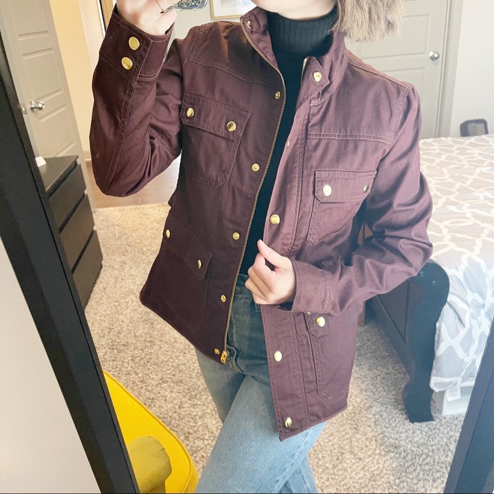 J. Crew Burgundy Field Coat Gold Snap Preppy Layer